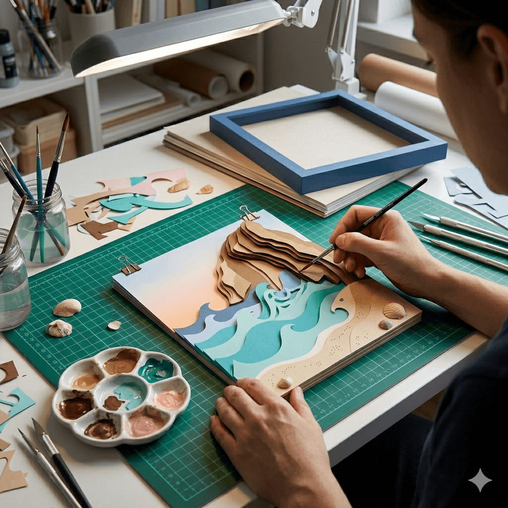 Adding light and detail highlights to the layered paper scene