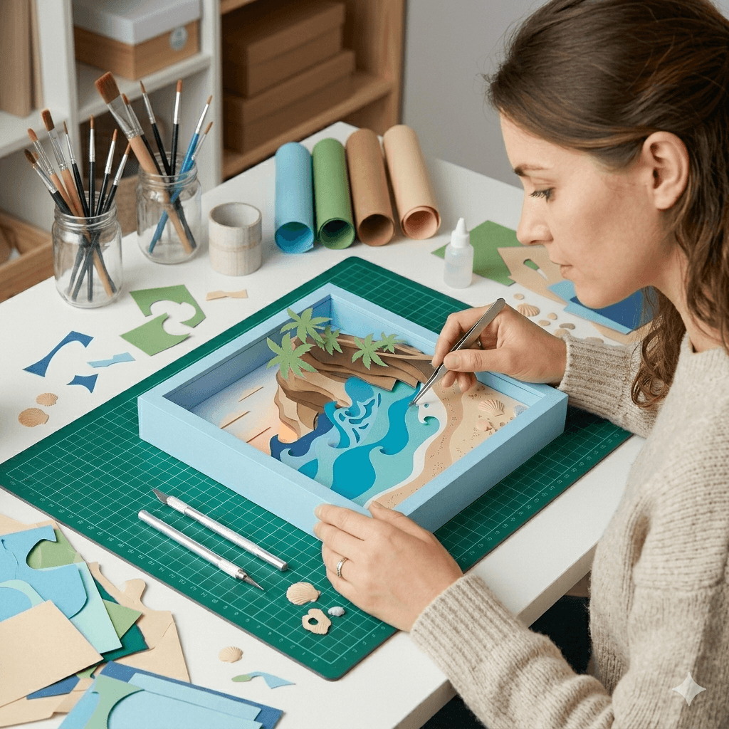 Maria working on a layered paper beachscape