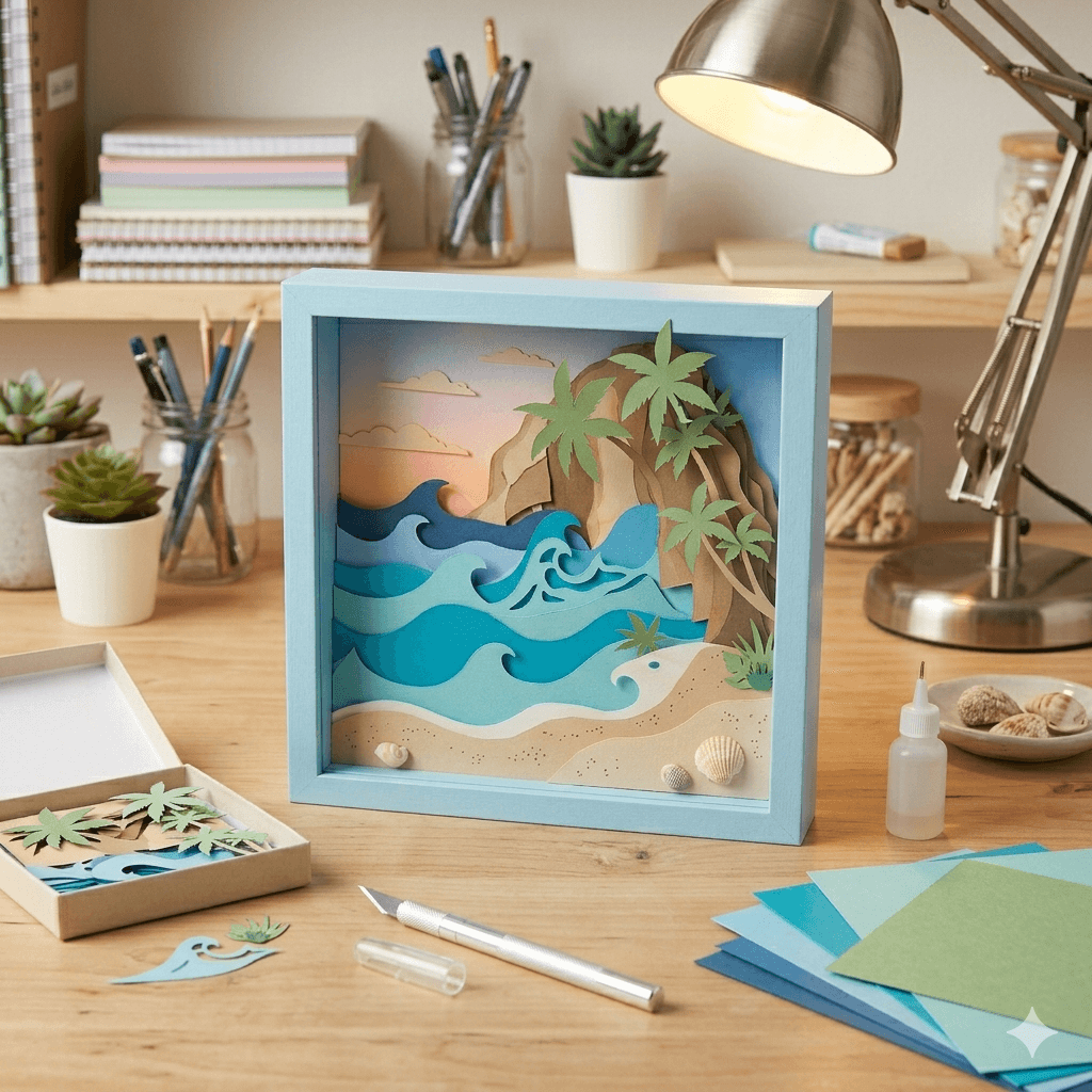 Finished framed paper beachscape displayed on a desk shelf